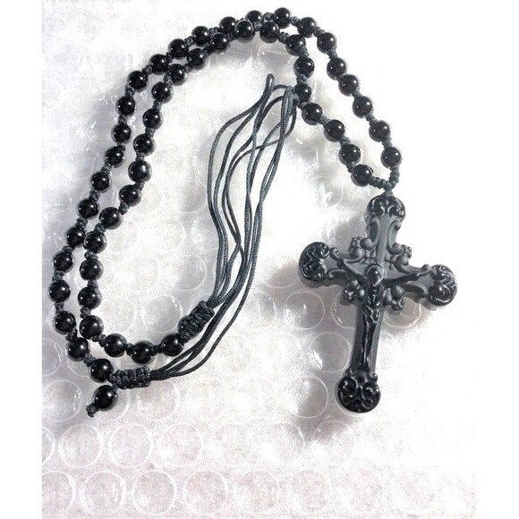 Very Nice Black Obsidian Crucifix on Black Obsidian Beaded Necklace - Picture 1 of 7